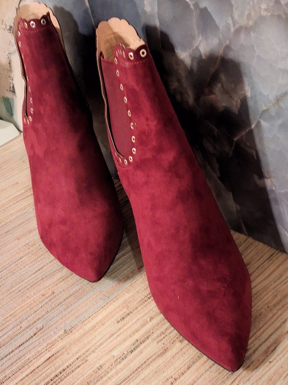 Badgley Mischka Burgundy Suede Pointed Ankle Booties with Scalloped Topline - Picture 2 of 7